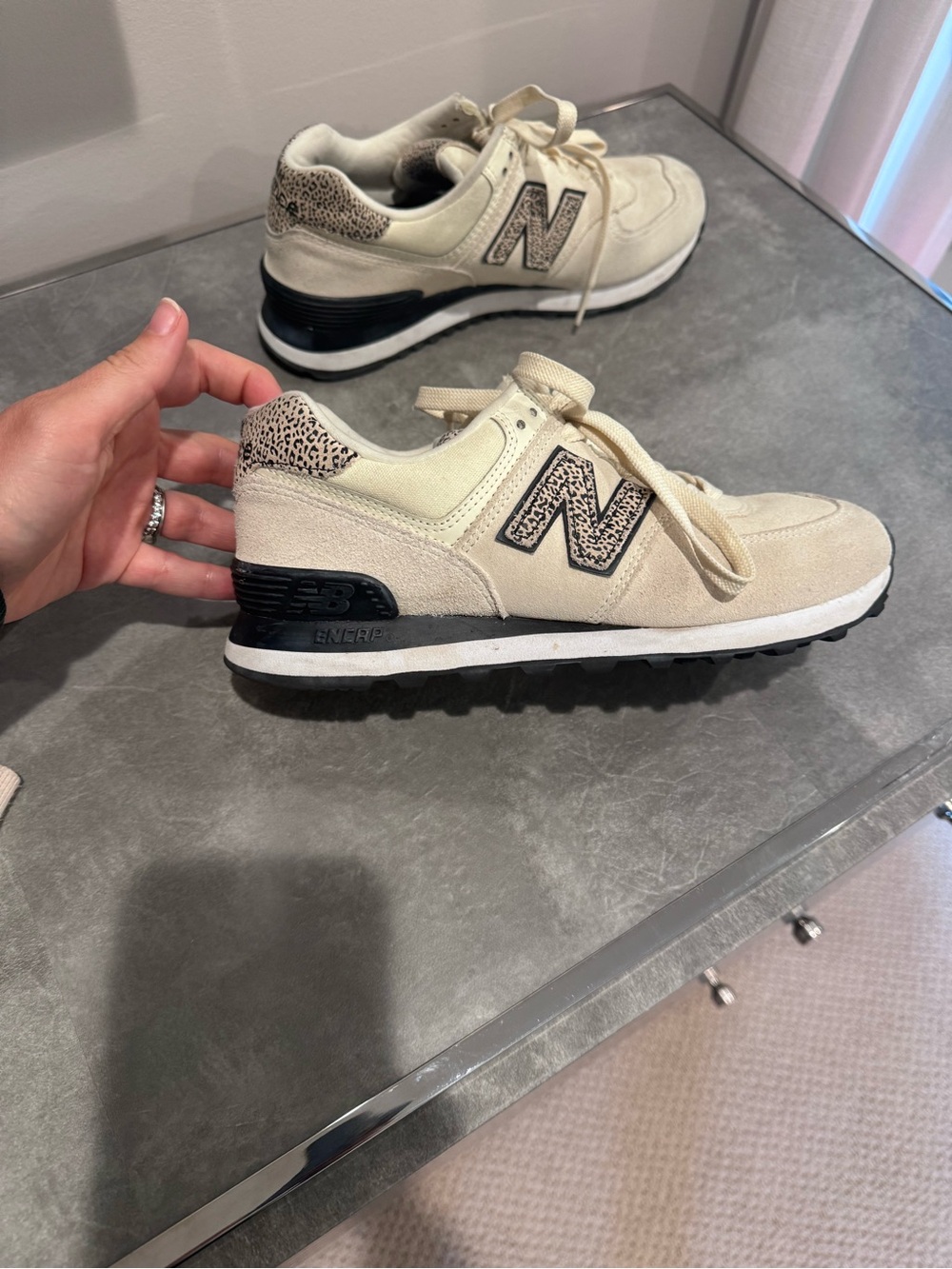 New Balance Cream & Black Leopard Accent Sneakers